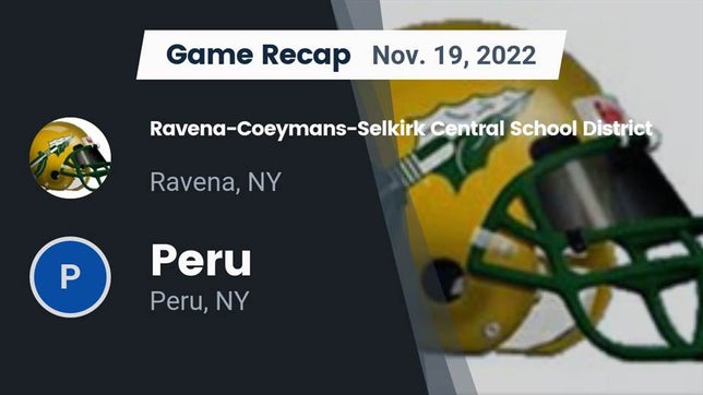Watch this highlight video of the Ravena-Coeymans-Selkirk (Ravena, NY) football team in its game Recap: Ravena-Coeymans-Selkirk Central School District vs. Peru  2022 on Nov 19, 2022
