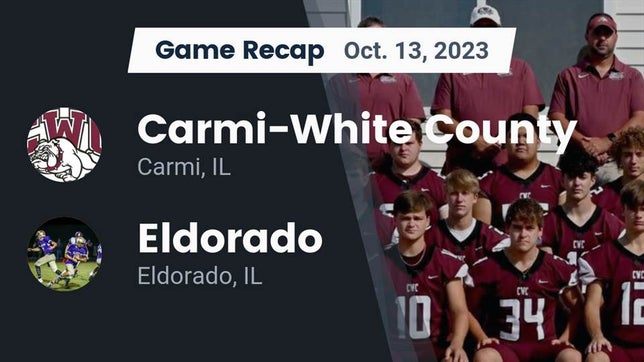 Watch this highlight video of the Carmi-White County (Carmi, IL) football team in its game Recap: Carmi-White County  vs. Eldorado  2023 on Oct 13, 2023