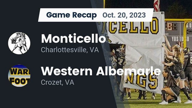 Watch this highlight video of the Monticello (Charlottesville, VA) football team in its game Recap: Monticello  vs. Western Albemarle  2023 on Oct 20, 2023