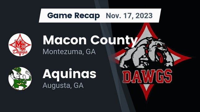 Watch this highlight video of the Macon County (Montezuma, GA) football team in its game Recap: Macon County  vs. Aquinas  2023 on Nov 17, 2023