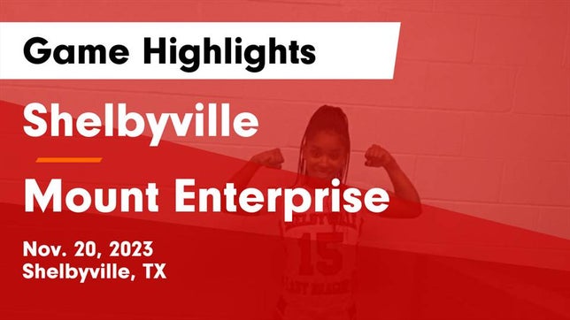 Watch this highlight video of the Shelbyville (TX) girls basketball team in its game Shelbyville  vs Mount Enterprise  Game Highlights - Nov. 20, 2023 on Nov 20, 2023