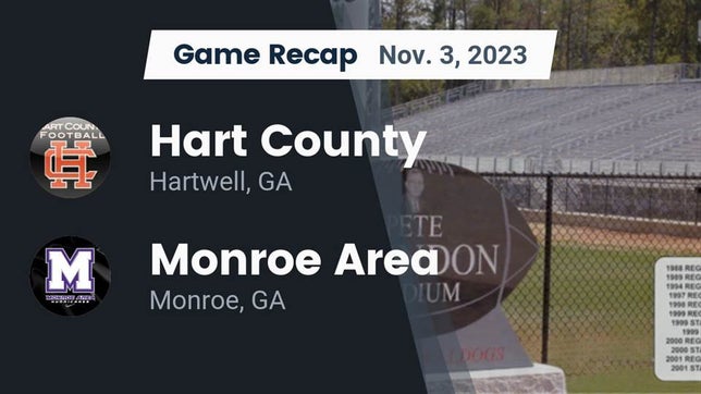 Watch this highlight video of the Hart County (Hartwell, GA) football team in its game Recap: Hart County  vs. Monroe Area  2023 on Nov 3, 2023