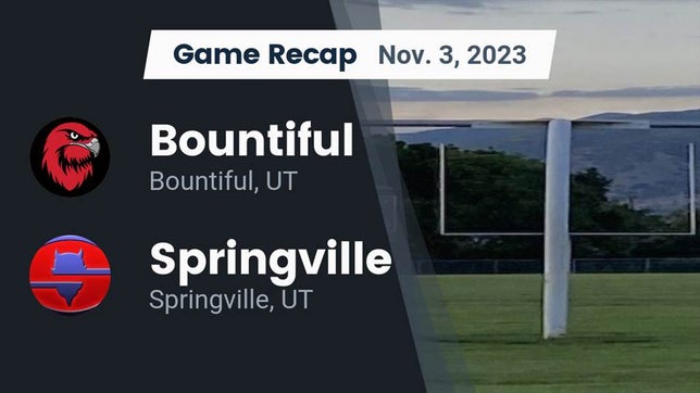 Watch this highlight video of the Bountiful (UT) football team in its game Recap: Bountiful  vs. Springville  2023 on Nov 3, 2023