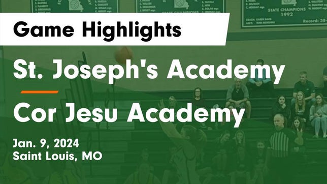 Watch this highlight video of the St. Joseph's Academy (St. Louis, MO) girls basketball team in its game St. Joseph's Academy vs Cor Jesu Academy Game Highlights - Jan. 9, 2024 on Jan 9, 2024