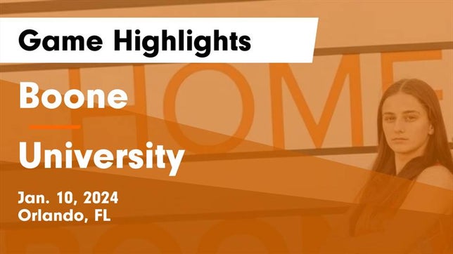 Watch this highlight video of the Boone (Orlando, FL) girls basketball team in its game Boone  vs University  Game Highlights - Jan. 10, 2024 on Jan 10, 2024