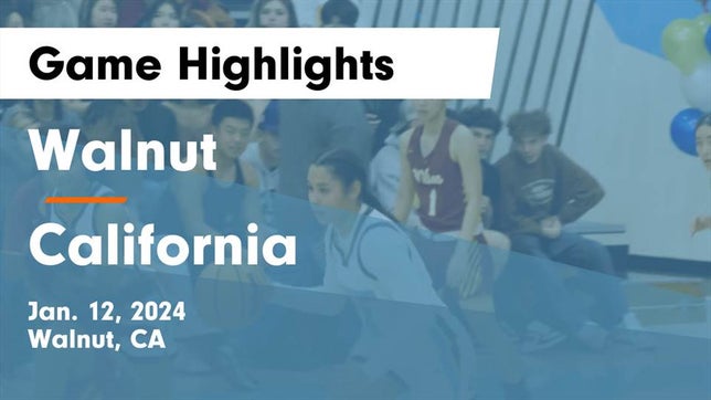 Watch this highlight video of the Walnut (CA) girls basketball team in its game Walnut  vs California  Game Highlights - Jan. 12, 2024 on Jan 12, 2024