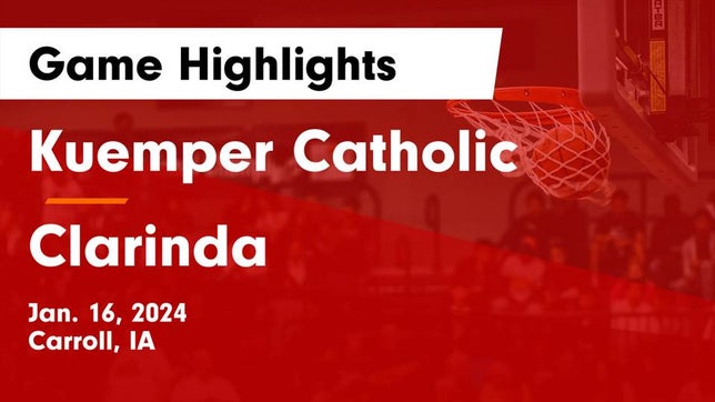 Watch this highlight video of the Kuemper (Carroll, IA) girls basketball team in its game Kuemper Catholic  vs Clarinda  Game Highlights - Jan. 16, 2024 on Jan 16, 2024