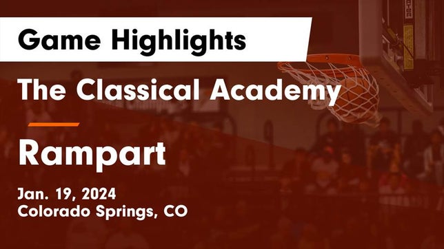 Watch this highlight video of the The Classical Academy (Colorado Springs, CO) girls basketball team in its game The Classical Academy  vs Rampart  Game Highlights - Jan. 19, 2024 on Jan 19, 2024