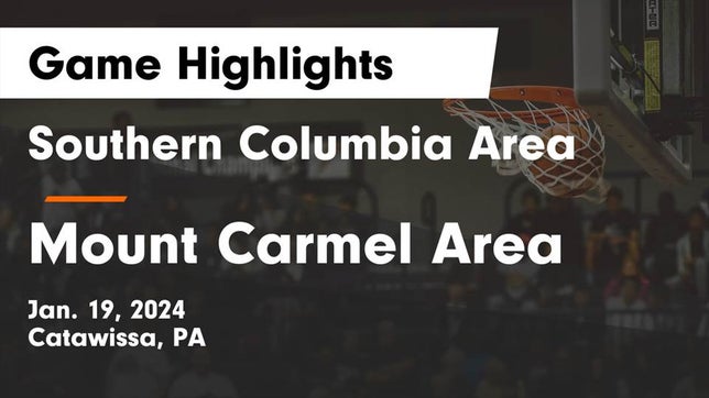 Watch this highlight video of the Southern Columbia Area (Catawissa, PA) basketball team in its game Southern Columbia Area  vs Mount Carmel Area  Game Highlights - Jan. 19, 2024 on Jan 20, 2024