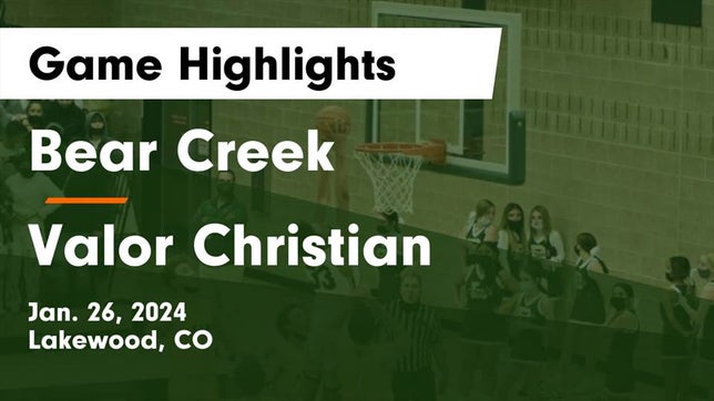 Watch this highlight video of the Bear Creek (Lakewood, CO) basketball team in its game Bear Creek  vs Valor Christian  Game Highlights - Jan. 26, 2024 on Jan 26, 2024