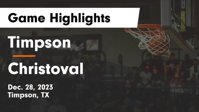 Watch this highlight video of the Timpson (TX) girls basketball team in its game Timpson  vs Christoval  Game Highlights - Dec. 28, 2023 on Dec 28, 2023