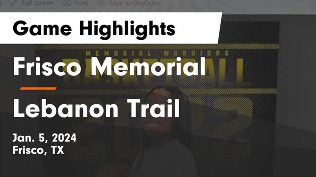 Watch this highlight video of the Memorial (Frisco, TX) girls basketball team in its game Frisco Memorial  vs Lebanon Trail  Game Highlights - Jan. 5, 2024 on Jan 5, 2024