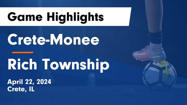 Watch this highlight video of the Crete-Monee (Crete, IL) girls soccer team in its game Crete-Monee  vs Rich Township  Game Highlights - April 22, 2024 on Apr 22, 2024