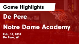 De Pere  vs Notre Dame Academy Game Highlights - Feb. 16, 2018