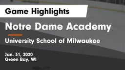 Notre Dame Academy vs University School of Milwaukee Game Highlights - Jan. 31, 2020