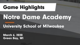 Notre Dame Academy vs University School of Milwaukee Game Highlights - March 6, 2020