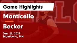 Monticello  vs Becker  Game Highlights - Jan. 28, 2022