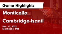 Monticello  vs Cambridge-Isanti  Game Highlights - Dec. 12, 2023