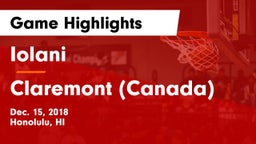 Iolani  vs Claremont (Canada) Game Highlights - Dec. 15, 2018