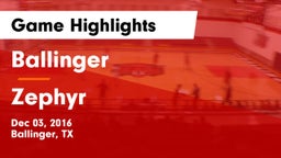 Ballinger  vs Zephyr  Game Highlights - Dec 03, 2016