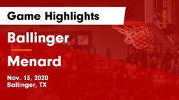 Ballinger  vs Menard  Game Highlights - Nov. 13, 2020