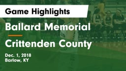 Ballard Memorial  vs Crittenden County  Game Highlights - Dec. 1, 2018