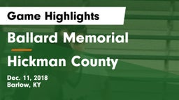 Ballard Memorial  vs Hickman County  Game Highlights - Dec. 11, 2018