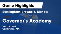 Buckingham Browne & Nichols  vs Governor's Academy  Game Highlights - Jan. 28, 2022