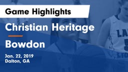 Christian Heritage  vs Bowdon  Game Highlights - Jan. 22, 2019