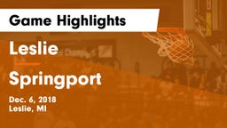Leslie  vs Springport Game Highlights - Dec. 6, 2018