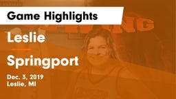 Leslie  vs Springport  Game Highlights - Dec. 3, 2019