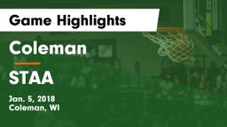 Coleman  vs STAA Game Highlights - Jan. 5, 2018