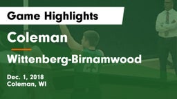 Coleman  vs Wittenberg-Birnamwood  Game Highlights - Dec. 1, 2018