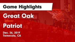 Great Oak  vs Patriot  Game Highlights - Dec. 26, 2019