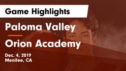 Paloma Valley  vs Orion Academy Game Highlights - Dec. 4, 2019