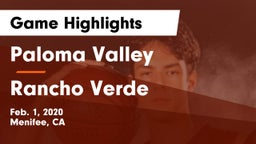 Paloma Valley  vs Rancho Verde  Game Highlights - Feb. 1, 2020