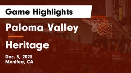 Paloma Valley  vs Heritage  Game Highlights - Dec. 5, 2023