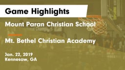 Mount Paran Christian School vs Mt. Bethel Christian Academy Game Highlights - Jan. 22, 2019