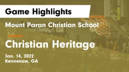 Mount Paran Christian School vs Christian Heritage  Game Highlights - Jan. 14, 2022