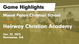 Mount Paran Christian School vs Heirway Christian Academy Game Highlights - Jan. 22, 2022