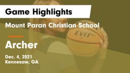 Mount Paran Christian School vs Archer  Game Highlights - Dec. 4, 2021