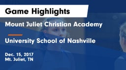 Mount Juliet Christian Academy  vs University School of Nashville Game Highlights - Dec. 15, 2017