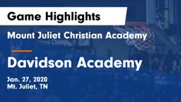 Mount Juliet Christian Academy  vs Davidson Academy  Game Highlights - Jan. 27, 2020