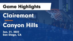 Clairemont  vs Canyon Hills Game Highlights - Jan. 21, 2022
