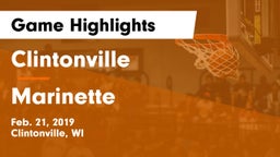 Clintonville  vs Marinette  Game Highlights - Feb. 21, 2019
