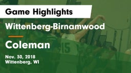 Wittenberg-Birnamwood  vs Coleman  Game Highlights - Nov. 30, 2018