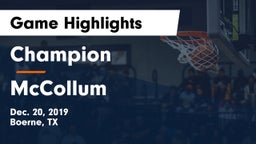 Champion  vs McCollum  Game Highlights - Dec. 20, 2019