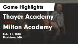 Thayer Academy  vs Milton Academy Game Highlights - Feb. 21, 2020