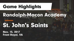 Randolph-Macon Academy  vs St. John's Saints Game Highlights - Nov. 15, 2017