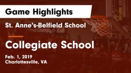 St. Anne's-Belfield School vs Collegiate School Game Highlights - Feb. 1, 2019